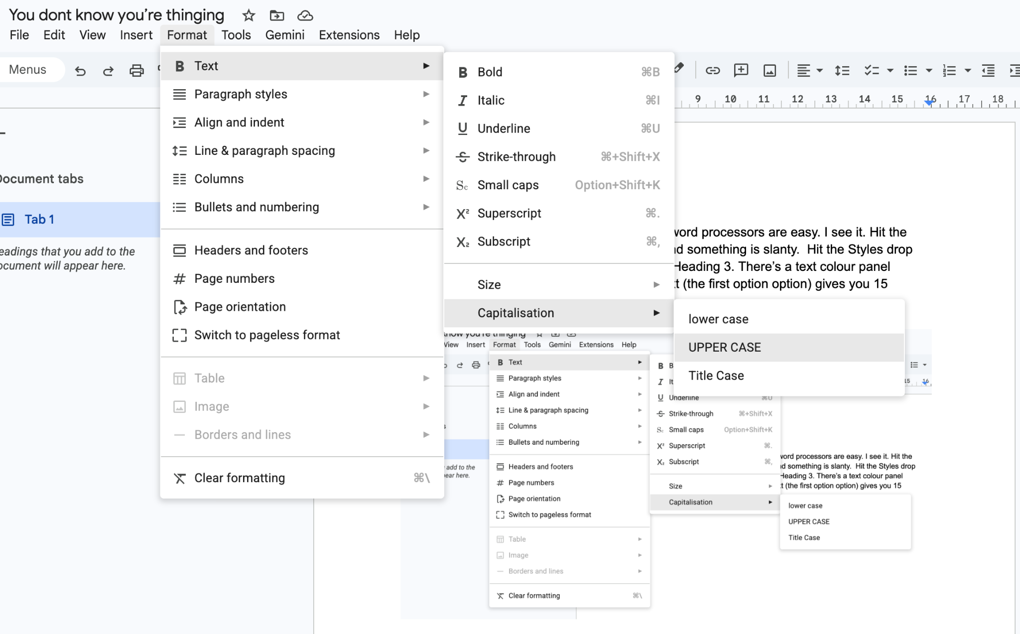 Google Docs con los menús anidados de Formato, Texto y Mayúsculas y minúsculas. Captura de la interfaz original en inglés.