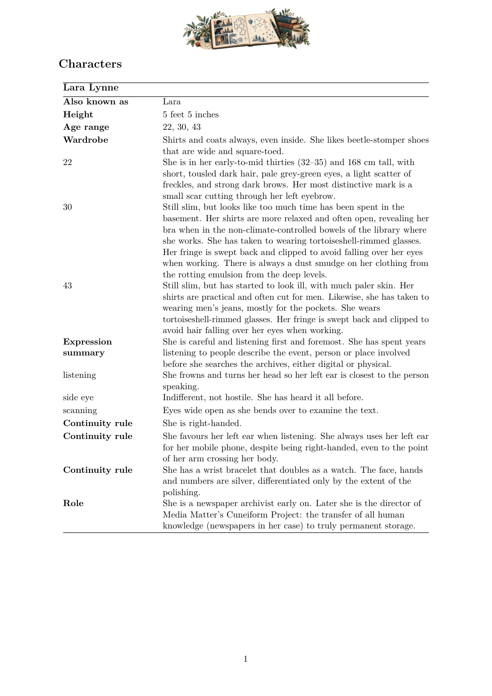 Biblia del personaje compilada, presentada como tabla de referencia con etiquetas