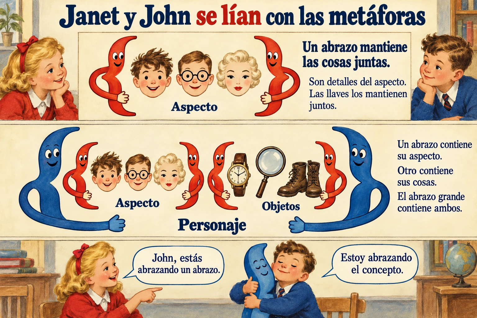 Una ilustración muestra llaves que agrupan aspecto y objetos dentro de un personaje mayor.