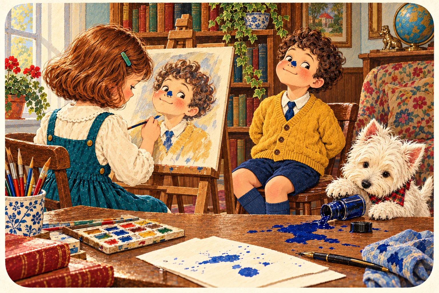 Jenny, Jake y el westie ilustran La misma persona. Otro momento.