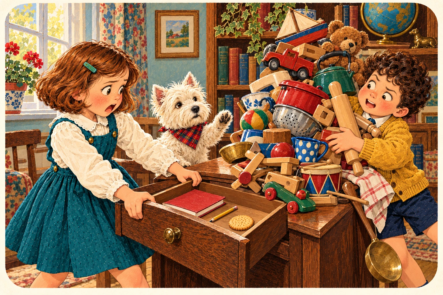 Jenny, Jake y el westie ilustran Un cajón con tu etiqueta.
