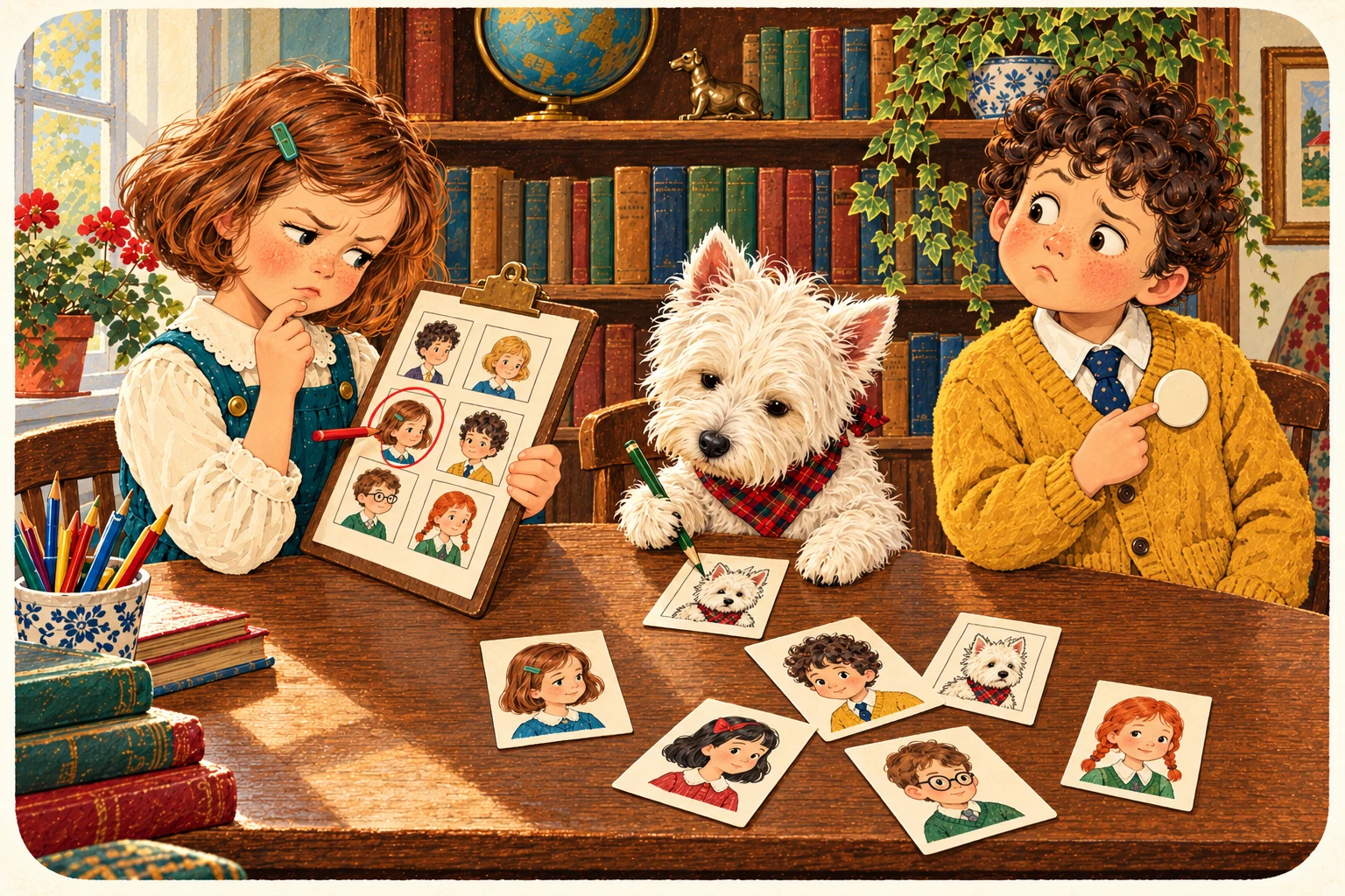 Jenny, Jake y el westie ilustran Un nombre en la lista.
