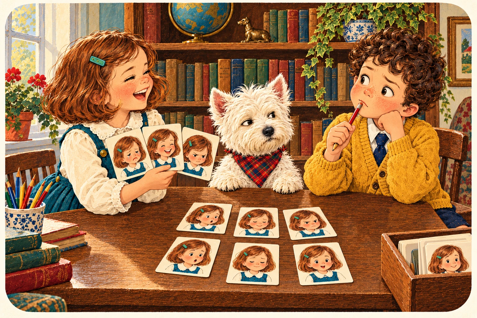 Jenny, Jake y el westie ilustran La cara habitual.