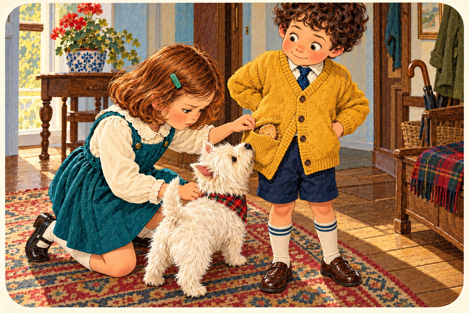 Jenny, Jake y el westie ilustran Viste al personaje.