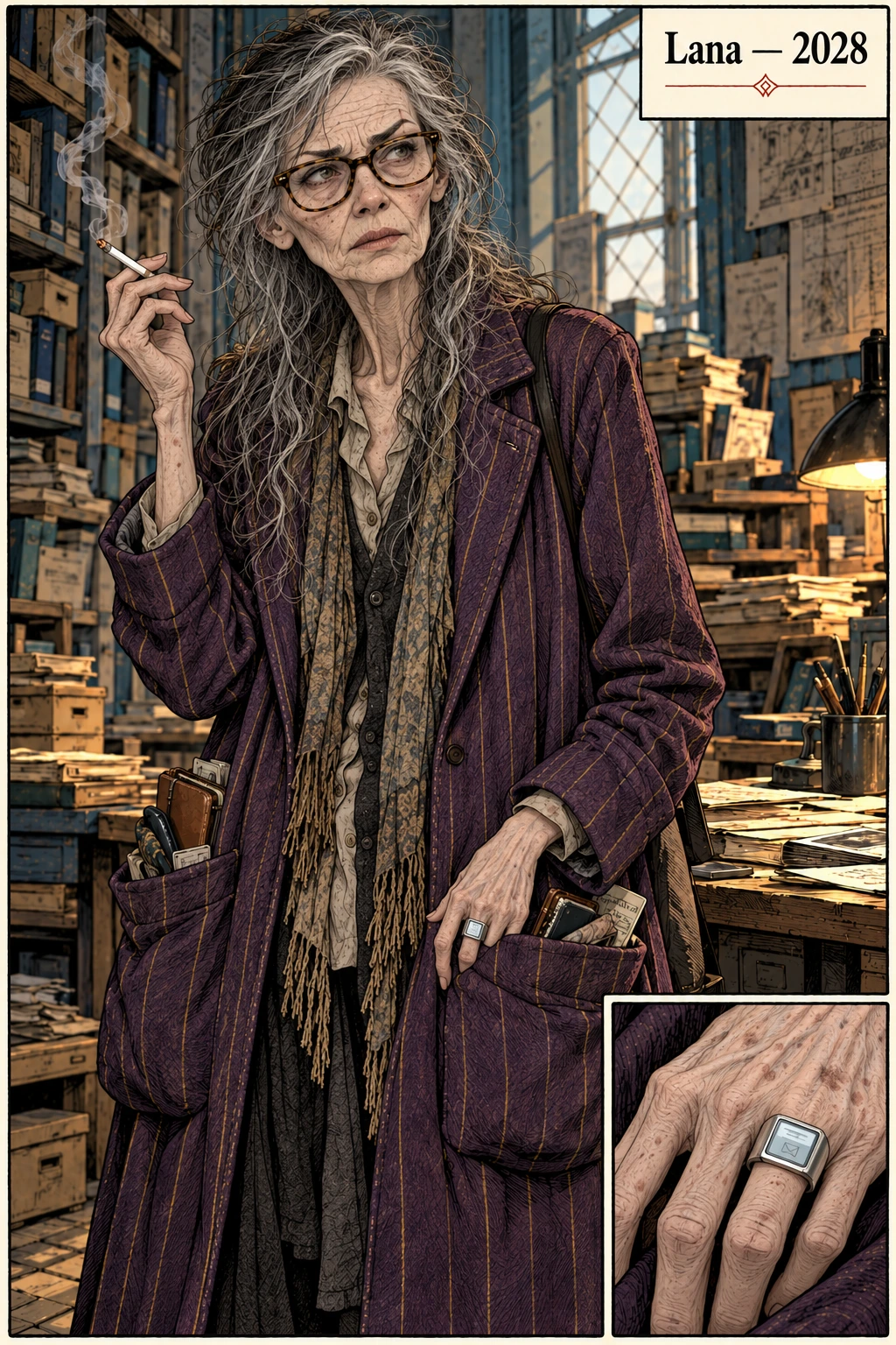 Lana en 2028: unos setenta años, pálida y frágil, con abrigo morado, un cigarrillo y un anillo inteligente plateado.
