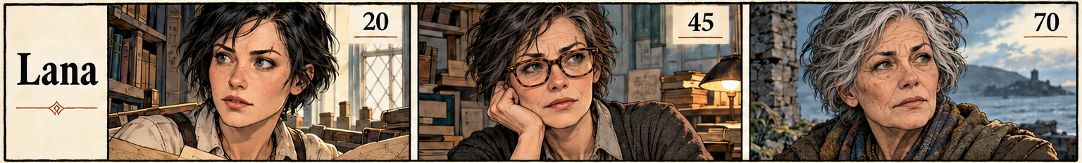 Lana a los 20, 45 y 70 años.