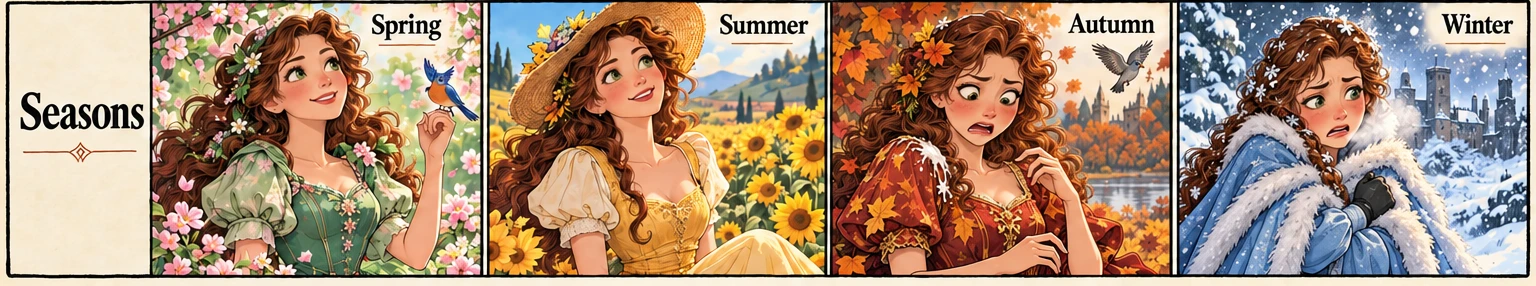 Una princesa en primavera, verano, otoño e invierno; el otoño trae una desagradable sorpresa de un pájaro, y el invierno, frío.