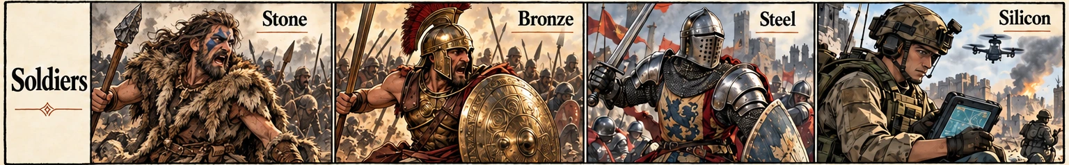Soldados en combate en las eras de Piedra, Bronce, Acero y Silicio.